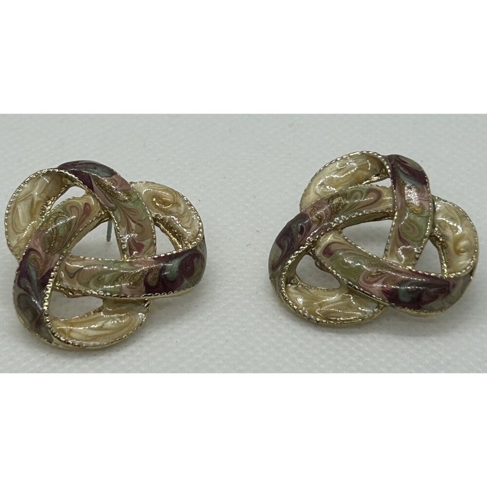 Vintage Jewelry Goldtone Cream Colorful Knot Pierced Earrings 1980s 1990s Retro